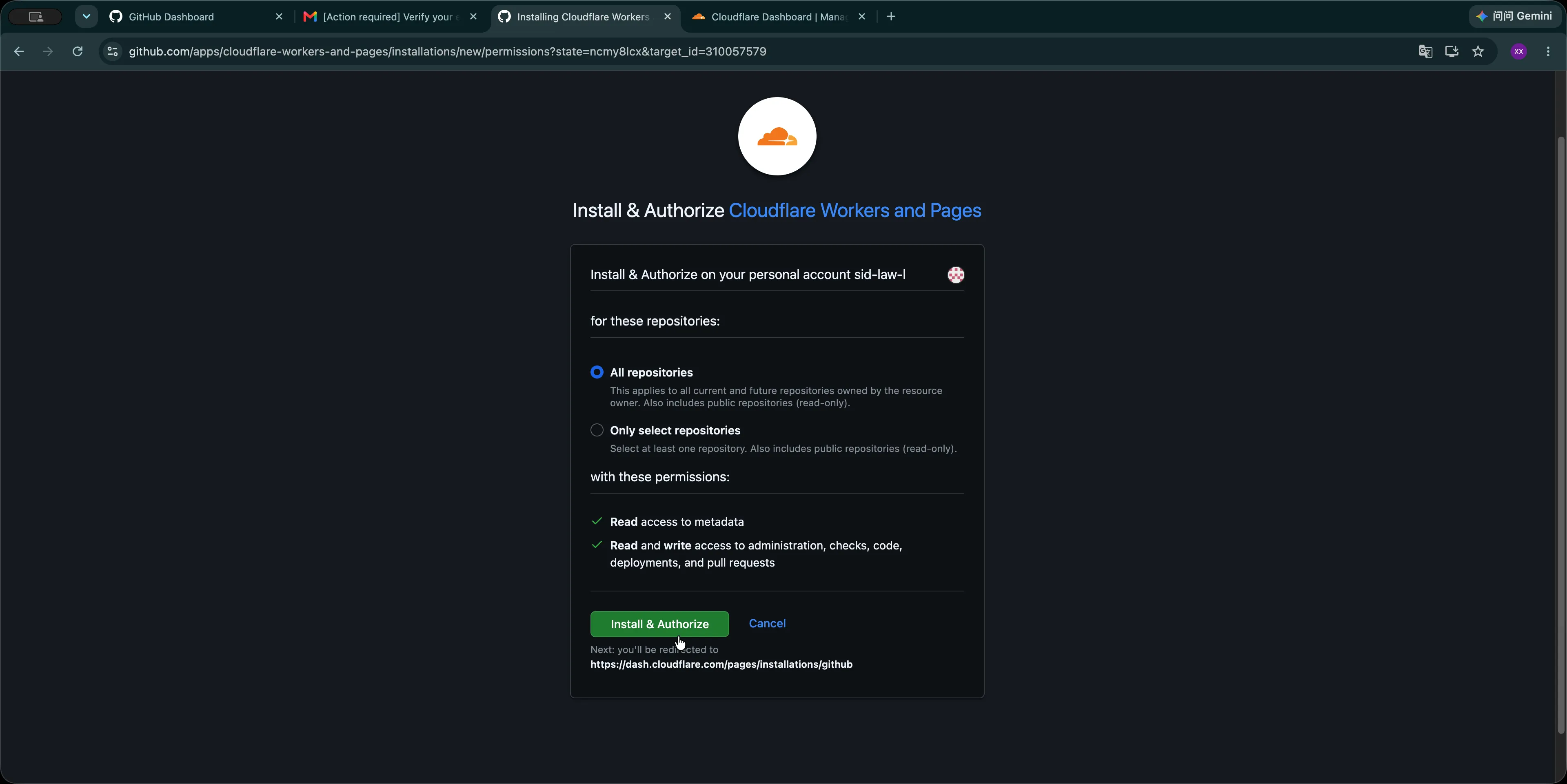 Install and authorize the Cloudflare GitHub app